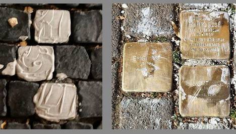 Zwei Bilder von Stolpersteinen.Links: Stolpersteine sind komplett mit einer grauen Substanz bedeckt. Rechts: Graue Schmierereien über Stolpersteinen.